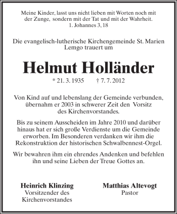 Anzeige  Helmut Holländer  Lippische Landes-Zeitung