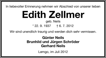 Anzeige  Edith Zellmer  Lippische Landes-Zeitung