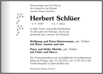 Anzeige  Herbert Schlüer  Lippische Landes-Zeitung