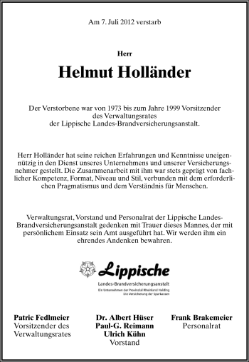 Anzeige  Helmut Holländer  Lippische Landes-Zeitung