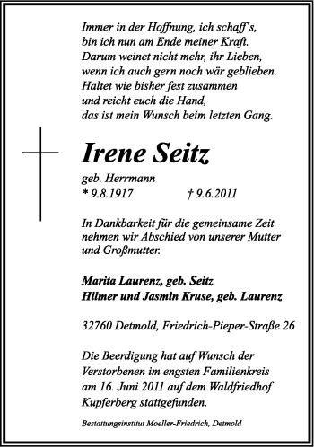 Anzeige  Irene Seitz  Lippische Landes-Zeitung