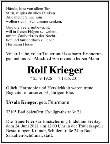 Anzeige  Rolf Krieger  Lippische Landes-Zeitung