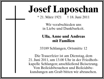 Anzeige  Josef Laposchan  Lippische Landes-Zeitung