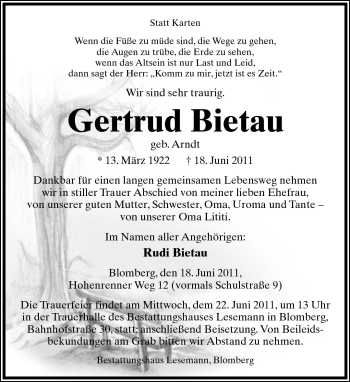 Anzeige  Gertrud Bietau  Lippische Landes-Zeitung