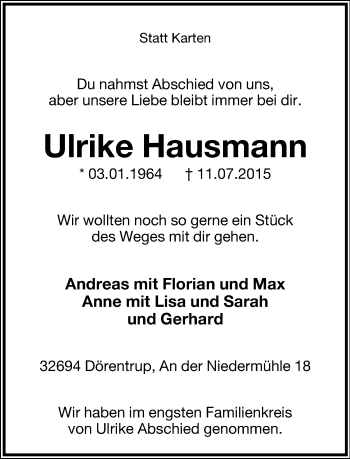 Anzeige  Ulrike Hausmann  Lippische Landes-Zeitung