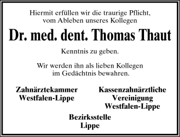 Anzeige  Dr. Thomas Michael Thaut  Lippische Landes-Zeitung