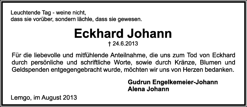  Traueranzeige für Eckhard Johann vom 03.08.2013 aus Lippische Landes-Zeitung