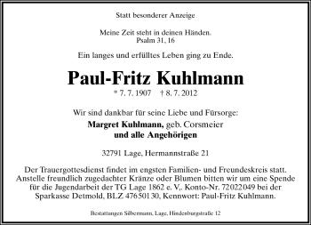 Anzeige  Paul-Fritz Kuhlmann  Lippische Landes-Zeitung