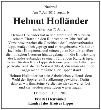 Anzeige  Helmut Holländer  Lippische Landes-Zeitung