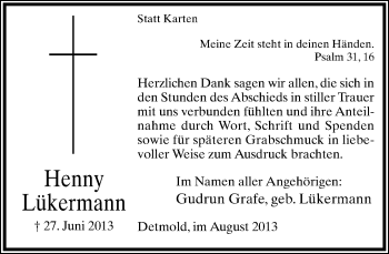 Anzeige  Henny Lükermann  Lippische Landes-Zeitung