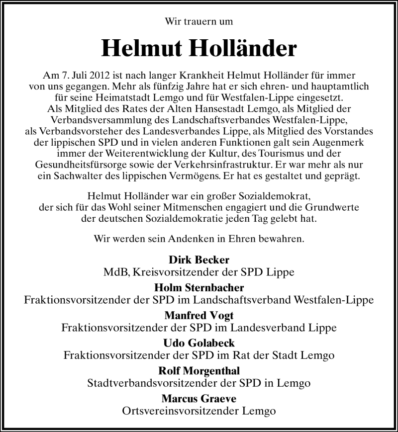  Traueranzeige für Helmut Holländer vom 11.07.2012 aus Lippische Landes-Zeitung