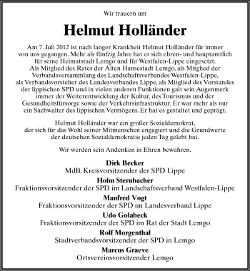 Anzeige  Helmut Holländer  Lippische Landes-Zeitung