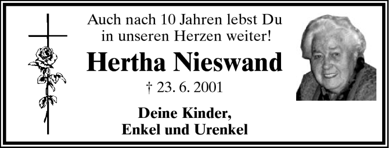  Traueranzeige für Hertha Nieswand vom 23.06.2011 aus Lippische Landes-Zeitung