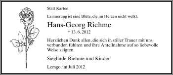 Anzeige  Hans-Georg Riehme  Lippische Landes-Zeitung