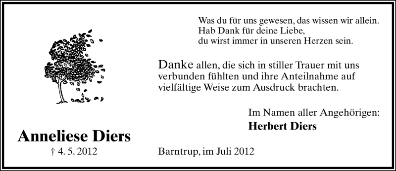  Traueranzeige für Anneliese Diers vom 11.07.2012 aus Lippische Landes-Zeitung