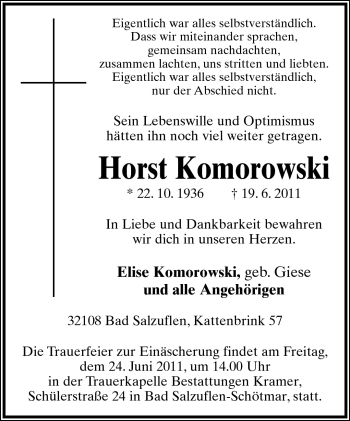 Anzeige  Horst Komorowski  Lippische Landes-Zeitung