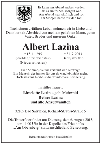 Anzeige  Albert Lazina  Lippische Landes-Zeitung