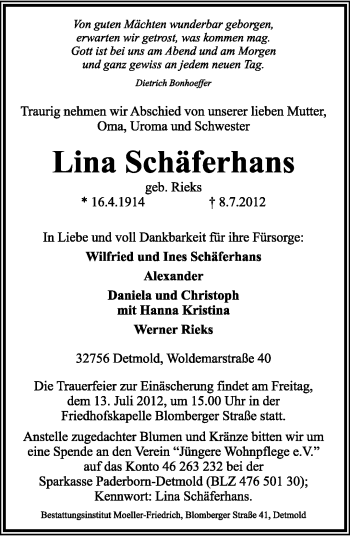 Anzeige  Lina Schäferhans  Lippische Landes-Zeitung
