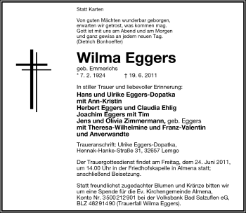 Anzeige  Wilma Eggers  Lippische Landes-Zeitung
