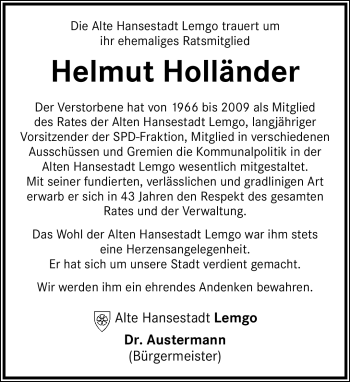 Anzeige  Helmut Holländer  Lippische Landes-Zeitung