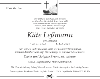 Anzeige  Käte Leßmann  Lippische Landes-Zeitung