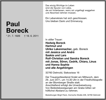 Anzeige  Paul Boreck  Lippische Landes-Zeitung