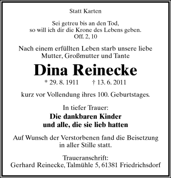 Anzeige  Dina Reinecke  Lippische Landes-Zeitung