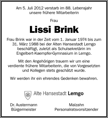 Anzeige  Lissi Brink  Lippische Landes-Zeitung