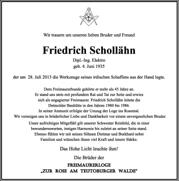 Anzeige  Friedrich Schollähn  Lippische Landes-Zeitung