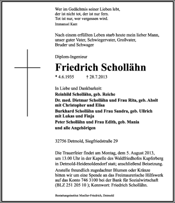 Anzeige  Friedrich Schollähn  Lippische Landes-Zeitung