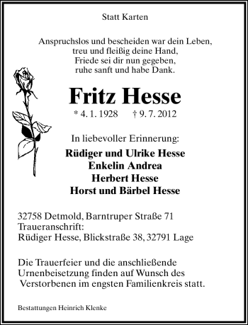 Anzeige  Fritz Hesse  Lippische Landes-Zeitung