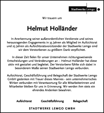 Anzeige  Helmut Holländer  Lippische Landes-Zeitung