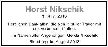 Anzeige  Horst Nikschik   Lippische Landes-Zeitung