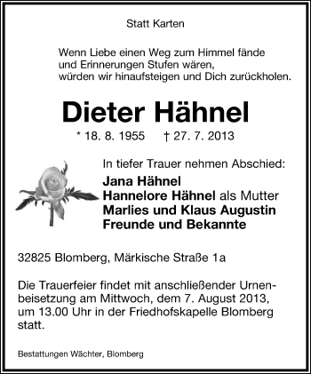 Anzeige  Dieter Hähnel  Lippische Landes-Zeitung