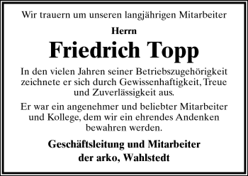 Anzeige  Friedrich Topp  Lippische Landes-Zeitung