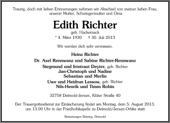 Anzeige  Edith Richter  Lippische Landes-Zeitung