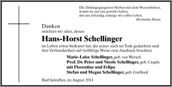 Anzeige  Hans-Horst Schellinger  Lippische Landes-Zeitung