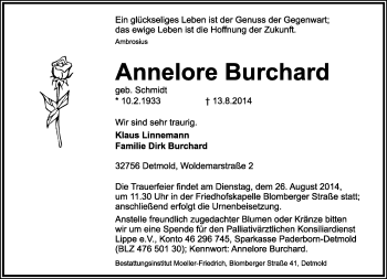 Anzeige  Annelore Burchard  Lippische Landes-Zeitung