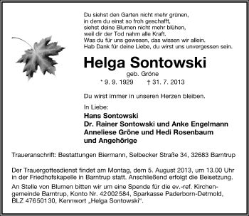 Anzeige  Helga Sontowski  Lippische Landes-Zeitung