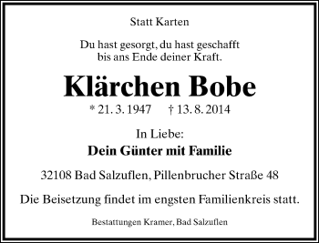Anzeige  Klärchen Bobe  Lippische Landes-Zeitung
