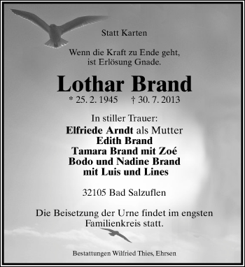 Anzeige  Lothar Brand  Lippische Landes-Zeitung