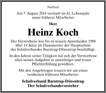 Anzeige  Heinz Koch  Lippische Landes-Zeitung