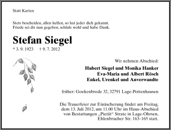 Anzeige  Stefan Siegel  Lippische Landes-Zeitung