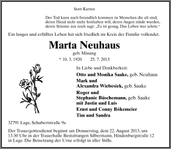 Anzeige  Marta Neuhaus  Lippische Landes-Zeitung