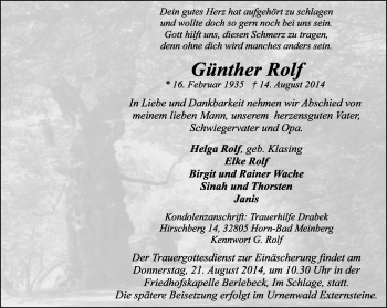 Anzeige  Günther Rolf  Lippische Landes-Zeitung