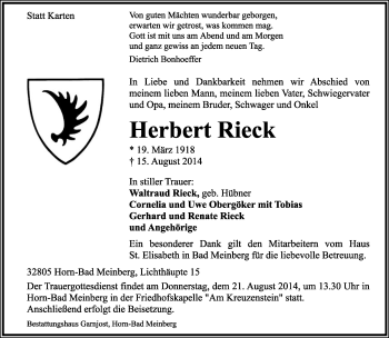 Anzeige  Herbert Rieck  Lippische Landes-Zeitung