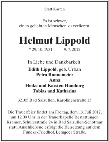 Anzeige  Helmut Lippold  Lippische Landes-Zeitung