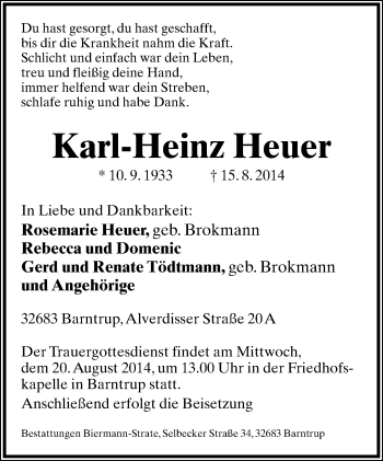 Anzeige  Karl-Heinz Heuer  Lippische Landes-Zeitung