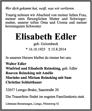 Anzeige  Elisabeth Edler  Lippische Landes-Zeitung