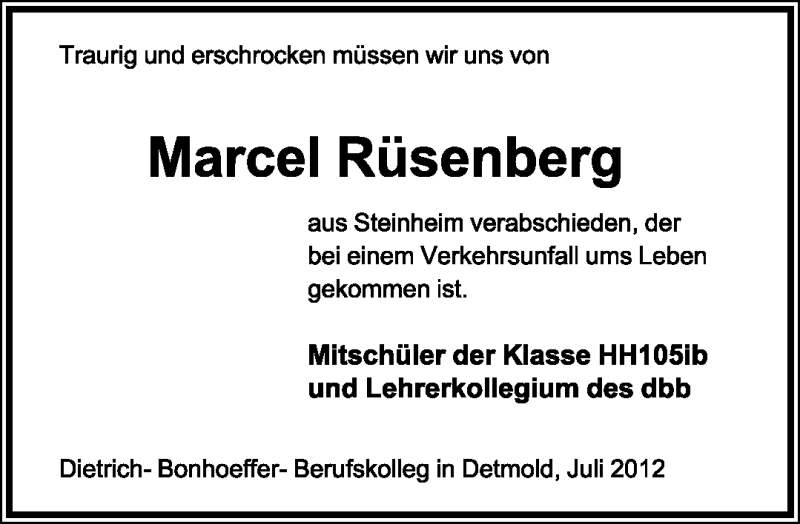  Traueranzeige für Marcel Rüsenberg vom 14.07.2012 aus Lippische Landes-Zeitung